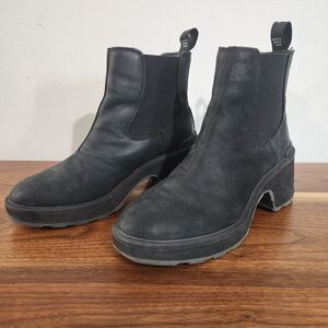 Sorel Hi Line Heel Chelsea Bootie Womens 10 Waterproof Leather Black Sea Salt